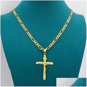 Hänghalsband riktiga 10k gul fast fint guld gf Jesus Cross Crucifix Charm Big 55x35mm Figaro Chain Halsband 24 600x6mm Drop de Dhzwd