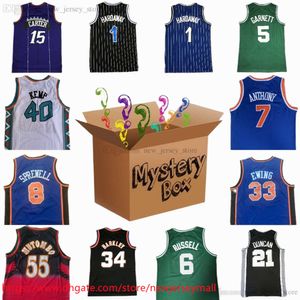 MYSTERY BOX maillots de basket-ball Mystery Boxes Chemise de sport Cadeaux pour toutes les chemises Iverson Garnett Bird Barkley Anthony Ewing Hardaway Kemp Envoyé dans un uniforme aléatoire