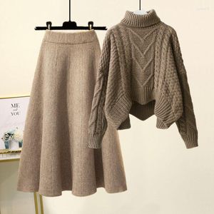 İş Elbiseleri Sonbahar ve Kış Seti Kadınlar 2023 Koreli Versiyon Gevşek Uyum Peluş Yüksek Boyun Örgü Gömlek Moda Yarım Etek İki Parça