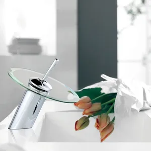 Badrum diskbänk kranar glas vattenfall kran enkel handtag och kallt vattenblandare kran däck monterad krom polerad
