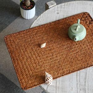 Masa Paspasları Rattan Placemats Dikdörtgen deniz çimleri Mat Doğal Saman Çay Kupası Yemek El Dokusu Mutfak Sofra Aksesuarları