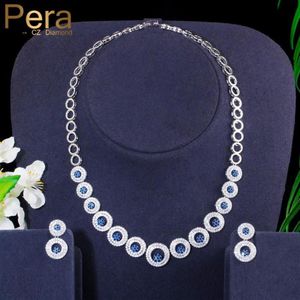 Örhängen halsband Pera Exklusiv design Royal Blue Cubic Zirconia Round Circle Link Choker Women Wedding Party Jewelry Set för B229L