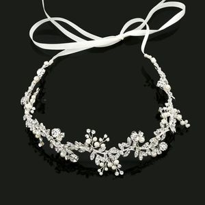 SLBRIDAL Handmade Ribbon Alloy Wired Rhinestones Crystals Pearls Flower Leaf Wedding Headband Bridal Hair Vine Hair Accessories W0246t