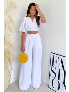 Women's Two Piece Pants Double Tie Up Crop Top Wide Leg Long Set Women Spring Summer Orange Fashion Office Lady Casual Matching White Suit