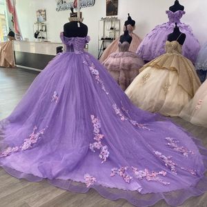 Lila prinsessa älskling boll klänning quinceanera klänningar pärlor applikationer spetspärlor söta 16 klänning vestidos de 15 anos