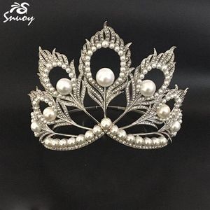 Miss Universe Crowns Peacock Feathers Pearls Full Round Tiara Beauty Queen Crown Big For Pageant Women Jewets Hair Accessories C1300C