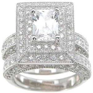 Professional Whole Vintage Jewelry Topaz Simulated Diamond 14KT White Gold Filled 3-in-1 Wedding Ring Set for christmas gift S2828