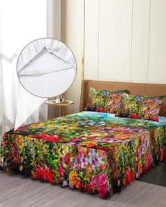 Sängkjol Floral akvarell fläckig elastisk utrustade sängar med kuddväskor skyddande madrass täcker sängkläder