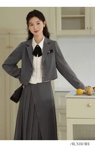 Work Dresses Autumn College Style Korean High Waist Suit Long Skirt Women Elegant Y2k Pleated Gray A-Line Skirts