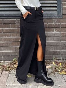 Black Long for Women Casual Streetwear High Waist Slim Bodycon Skirts Split Out Ladies Basic Straight Maxi Skirt