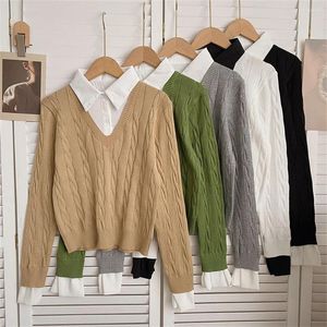 Women's Sweaters Patchwork Shirt Knitted Sweater Faux Two PCS Pullover Tops Trendy Casual Button Long Sleeve Blouse