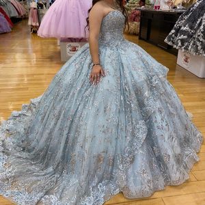 Sky Blue Shiny Sweetheart Ball Gown Quinceanera Dress 2024 Tulle Applicques Off Axla Sweet 15 16 Year Birthday Party Formal