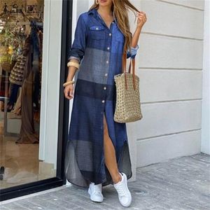 Zanzea 2021 Moda Kadın Longue Robe Kadınlar Sonbahar Vintage Uzun Kollu Maksi Gömlek Elbise Günlük Ekose Vestidos Plus Boyut 5XL Y07031J