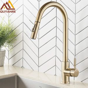 Kitchen Faucets Quyanre Brushed Gold Faucet Pull Out Sink Water Tap Single Handle Mixer 360 Rotation Shower 231030