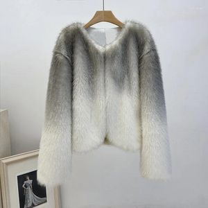 Women's Fur 2023 Winter Women Faux Coat Gradient Color Thick Tops Long Sleeve O-Neck Jackets Casaco Feminino