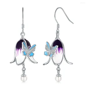 Dangle Earrings 925 Sterling Silver Purple BellFlower Floral Drop With Freshwater Pearls Butterfly Jewelry Gifts For Women Girls