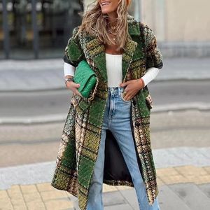 Women's Wool Blends Autumn Winter Women's Fashion Long-sleeved Lapel Printed Felt Green Blue Street Clothes Wear Ladies Office Long Coat Jackets 231030