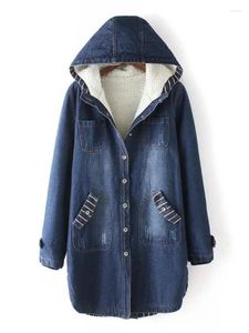 Mulheres Trench Coats Outono Inverno Mulheres Moda Vintage Grosso Quente Denim Casaco de Algodão Com Capuz Único Breasted Jaqueta Longa