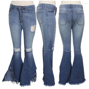 Kvinnors jeans vår 2023 mager blossade denim byxor kvinnor streetwear fast klippt hål rippade höga midja tofsar plus size s-xxxl