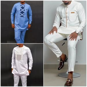 Men's Tracksuits Kaftan Summer Men's Suit Round Neck Longsleeved Top Pants African Male Traditional Outfit National Style 2PCS Clothing Sets 231030