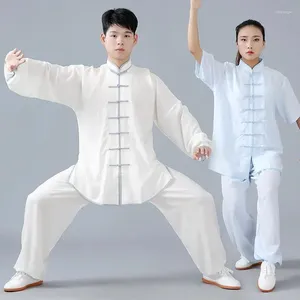 Etniska kläder unisex solid tai chi enhetlig kort ärm dräkt sommar wushu kvinnliga tang kostym morgon träningskläder