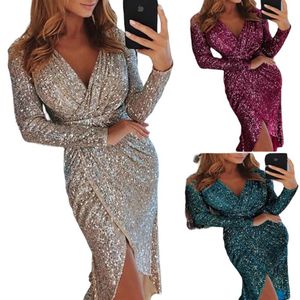 8 färger Autumn Sequined Midi Plus Size Dress Suit Långärmad julfest Women Club Pencil Gold V Neck258D