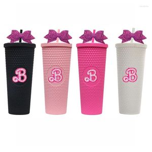 Wasserflaschen, rosa Barb-Strass-Becher mit Strohhalm, glitzernde Schleife, inspiriert mit Nieten, 710 ml, BPA-freie Flasche, wiederverwendbare Plastikbecher