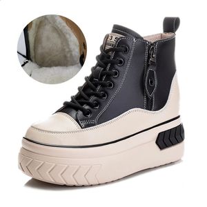 Dress Shoes High Top Women Shoes Genuine leather 8cm Platform Boots Wedge Hidden Heel Zip Spring Autumn Warm Fur Winter Shoes Sneakers 231030