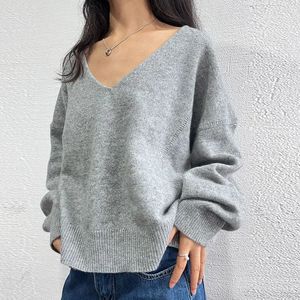 Swetry dla kobiet 100%wełniane kobiety seksowne dzianinowe sweetek w szyku w dekolcie jesień elegancki elegancki moda luźna ponadwymiarowa harajuku vintage tops 231031