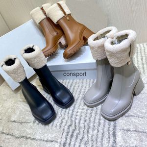 Designer mais novo mulheres lambswool e lona botas de chuva pvc preto cinza caramelo borracha água chuvas sapatos tornozelo bota botas tamanho 35-40