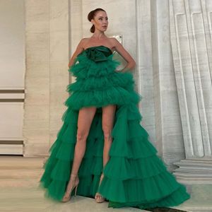 Green Strapless High Low Prom Dresses Ruffles Tiere Front Short Back Long Birthday Party Dress Ball Gown Robe De Soiree