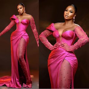 Plus size um ombro vestidos de noite fúcsia mangas compridas profundo decote em v lado split tule frisado strass africano nigeria mulheres vestido de baile segundo vestidos de recepção