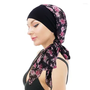 Etniska kläder muslimska kvinnor elastiska brett tryck blommor turban cap bandanas inre hijabs förbundna huvudbanor bandana tichel för damer turbante