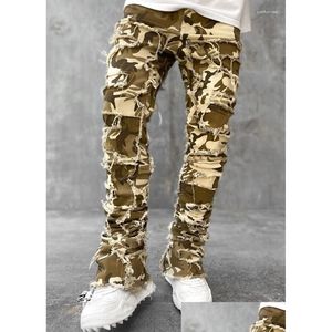 Mäns jeans herrar regar fit staplad dog förstörd rak denim byxor streetwear kläder casual jean droppleverans kläder kläder otwxk