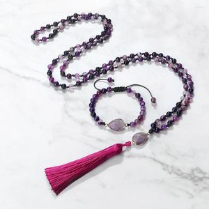 Colar brincos conjunto 6mm roxo ágata pedra japamala 108 contas colares pulseira meditação yoga bênção jóias rosário para mulher