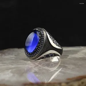 Anéis de cluster vintage cor prata mão esculpida anel de sinete turco para homens mosaico geométrico pedras azuis punk jóias de festa de casamento