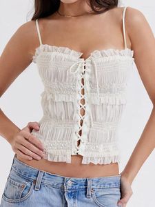 Kvinnors tankar White Hollow Out Lace-Up Camis Top Women Spaghetti Strap Backless Tank Tops Female Club Party Sexig Crop Vest