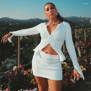 Work Dresses White Jersey Cropped And Skirt Set Crop Top Slit Long Sleeved Wrap Around Sexy Short Daring Knit Two Piece Women