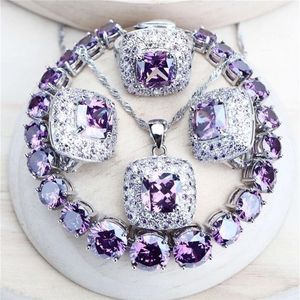 Purple cyrkonia Zestawy biżuterii dla kobiet srebrne 925 Drobne kostium biżuterii Pierścienie bransoletki wisiork Naszyjnik 2208232v