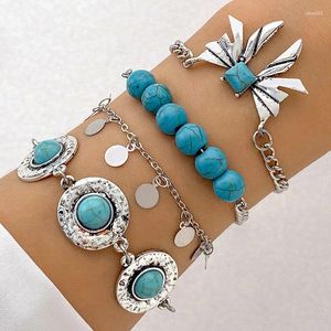 Link Armbänder 4 teile/satz Ventage Mode Bowknot Armband Für Frauen Mädchen Ethnischen Stil Blau Ball Sand Legierung Metall Anillo 25445