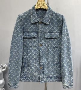 Autumn Heavy Industry Multi Pocket Jacquard Print Old Flowo Polo Collar Denim Coat Men's Short Slim Fit Jacket Fashion Etikett