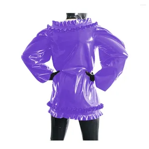 Lässige Kleider Sexy Latex-Look, lockeres Kleid mit Rüschen, Puffärmeln, rundem Kragen, PVC-Nachthemd, glänzendes Kunstleder-Pullover-Oberteil