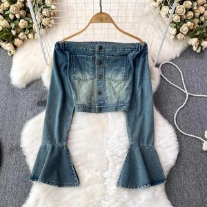 Women's Blouses French Chic Shirts For Women Denim Slash Neck Lapel Single Long Flare Sleeve Bare Midriff Blouse Autumn Female Tops Drop