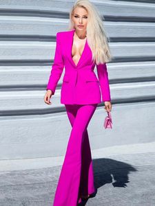 Women's Two Piece Pants Blazer Pantsuits Two Piece Set Office Ladies Women Yellow Purple Business Single Buttons Flared Pants Blazer Pants Formal Suit 231030