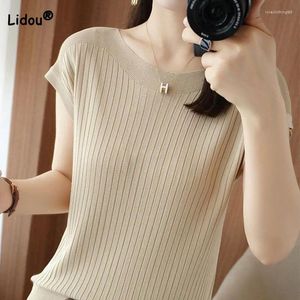 Women's T Shirts Clothing Elegant All-match Solid Color Ice Silk T-shirt 2023 Summer Female Korean Simplicity Loose Short Sleeve Tops