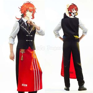 Anime Game Genshin Impact Cosplay Costume KFC Diluc Men Shirt +vest +pant + Apron Full Sets Halloween Party Waiter Outfits