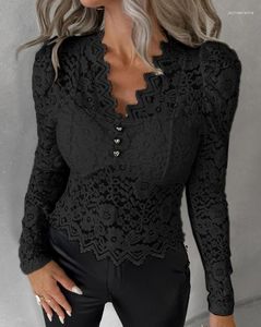 Женские блузки, женский топ с асимметричной отделкой, весна 2023, винтажные рубашки, вязаная крючком кружевная блузка на пуговицах с асимметричным вырезом, топы с длинными рукавами и v-образным вырезом