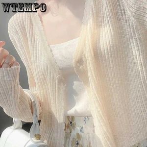 Kobiety damskie WTEMPO Ice Silk Knitted Sunshreen Cardigans Summer Thin Shawla Button Solid Solid Krótkie koszule klimatyzowane płaszcze