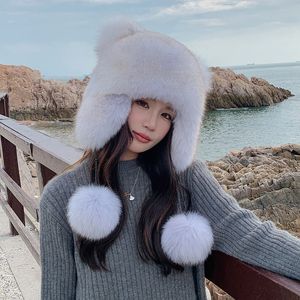 Kvinnor Real Fox Fur Hat Russian Ushanka Hat Winter Warm Aviator Trapper Bomber Hat Ski Earlaps Cap