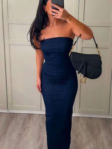 Strapless Bodycon Dress for Women Solid Denim Maxi Dresses Ladies Summer Elegant Vestido Largo De Mezclilla Para Mujer